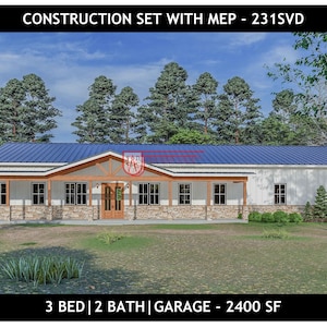 3 Bedroom Barndominium Floor Plan| 2 Bathroom | 4 Car Garage- Drawing Blueprints 231SVD