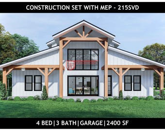 Planta baixa de um Barndominium - 4 quartos | 3 banheiros | Garagem para 2 carros - 2400 pés quadrados (aprox. 223 m²) - Desenho e projeto