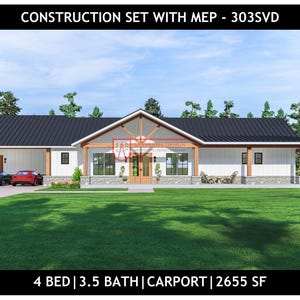 4 Bedroom Barndominium Floor Plan | 3.5 Bath | 2 Car Carport  - 2655 Sq Ft - Drawing  Blueprints #303SVD