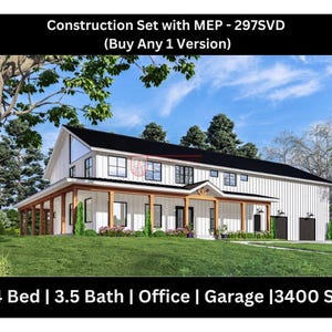 4 Bedroom Barndominium Floor Plan, 3.5 Bathroom | 3 Car Garage | Office Space - Drawing Blueprints 297SVD