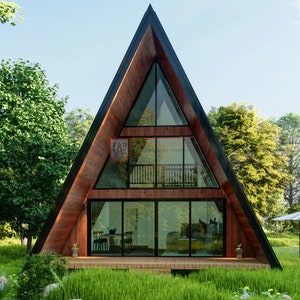 May include: A triangular A-frame house with dark wood siding and a large glass front facade. The structure features three levels of windows, a wooden deck at the base, and a small red crest emblem on the left side of the upper glass panel.