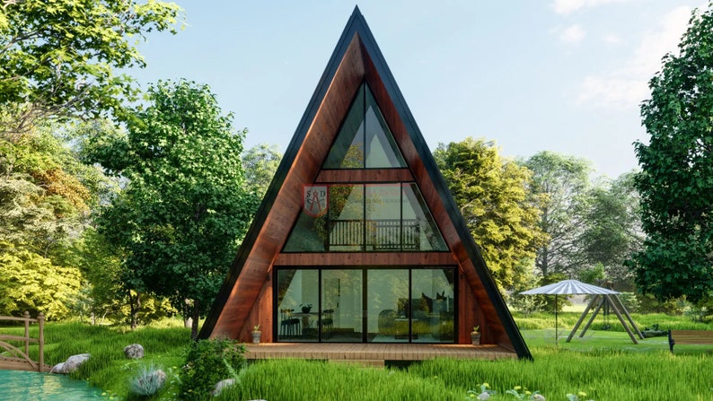 May include: A triangular A-frame house with dark wood siding and a large glass front facade. The structure features three levels of windows, a wooden deck at the base, and a small red crest emblem on the left side of the upper glass panel.