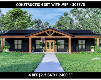 Planta baixa de Barndominium 40X60 - 4 quartos | 2,5 banheiros - 2400 pés quadrados - Desenhos e plantas 308SVD