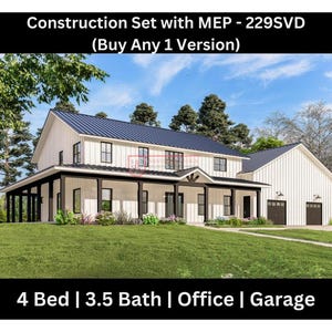 4 Bedroom Barndominium Floor Plan, 3.5 Bathroom | 3 Car Garage | Office Space - Drawing Blueprints 229SVD