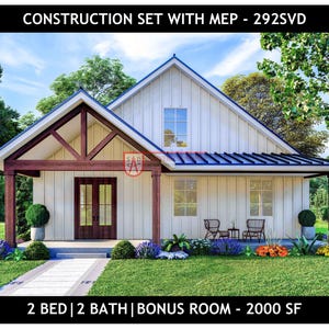 292SVD Barndominium Floor Plan – 2 Bedroom 2 Bath + Bonus Room – 2008 sq ft Instant PDF