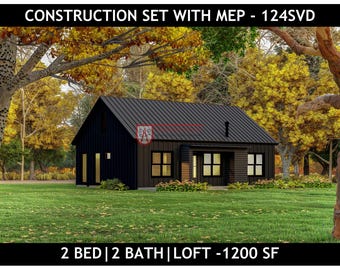 May include: A black house with a metal roof, multiple windows, and a covered entrance. The text at the top reads CONSTRUCTION SET WITH MEP - 124SVD, and the text at the bottom reads 2 BED | 2 BATH | LOFT - 1200 SF. The house is set in a grassy area.