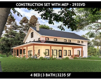 Planta baixa de um Barndominium com 4 quartos | 3 banheiros - 3200 pés quadrados (aproximadamente 297 m²) - Desenho nº 293SVD