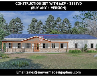 Plano de planta de barndominio de 3 habitaciones / Plano de dibujo / Versiones 231SVD