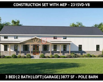 Plano de casa tipo granero de 3 dormitorios con garaje para 4 coches y altillo / PDF instantáneo / 231SVD-V8