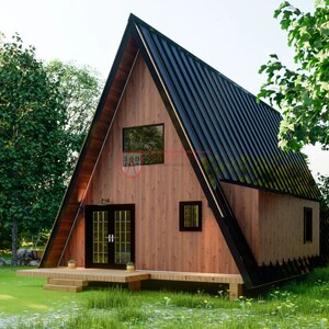 May include: An A-frame cabin with wood-paneled walls and a black metal roof. The structure features a front wooden deck, double glass doors with a grid pattern, and rectangular windows. A small red logo is visible on the front wall surface.
