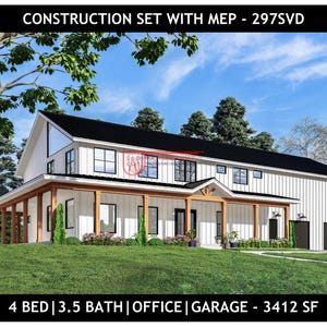 4 Bedroom Barndominium Floor Plan, 3.5 Bathroom | 3 Car Garage | Office Space - Drawing Blueprints 297SVD