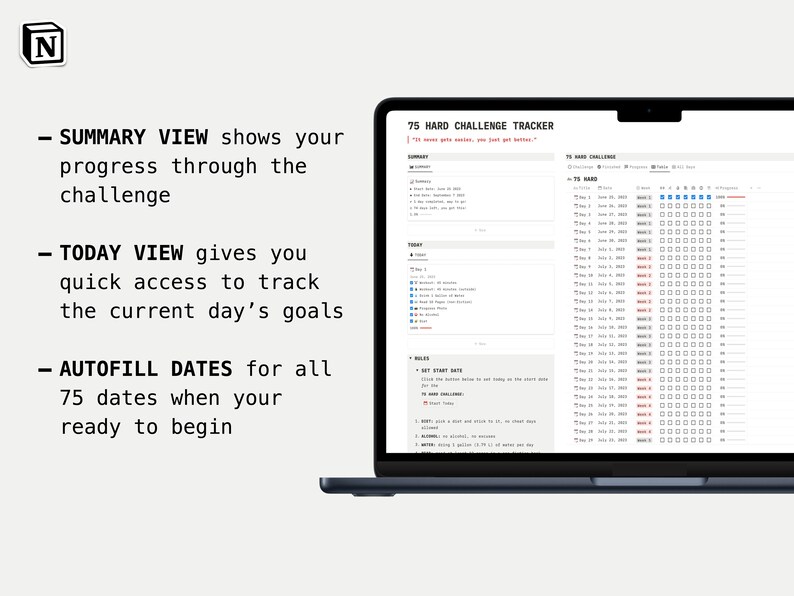 75 Hard Challenge Tracker Notion Template Daily Progress Tracker Health 75 Hard Challenge Tracker Notion Template Daily Progress Tracker Health