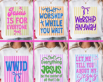 Gestreiftes Jesus-Koquette-Bogen PNG-Bundle, Jesus ist für alle Png, christliches Hemddesign, lassen Sie mich Ihnen von meinem Jesus Png erzählen, Glaube basiert Png