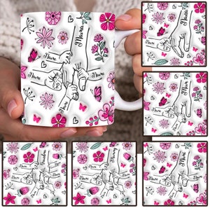 Personalized Holding Mom‘s Hand 3D Inflated Effect Mug Design, Mama Floral Coffee Mug, Mother&#39;s Day Floral 11oz Mug, You Hold Our Hands Mug