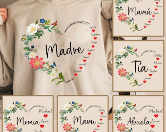 Bundle Custom Madre Heart And Kids Name Png, Spanish Mom Png, Mother's Day Png, Grandma 's Garden Png, Customized Heart Png, Mama Floral Png