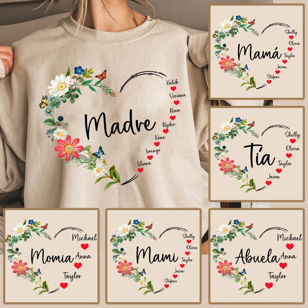 Paquete personalizado Madre Corazón y Nombre de los Niños Png, Mamá Española Png, Día de la Madre Png, Jardín de la Abuela Png, Corazón Personalizado Png, Mamá Floral Png