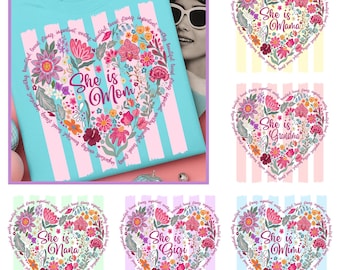 Rayé elle est maman PNG Bundle, Christian Mama Boho Floral Wildflower, Floral coeur grand-mère Nana Gigi Mimi Designs, chemise fête des mères PNG