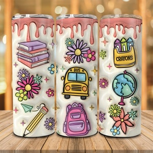 Copo inflável 3D com rabiscos de volta às aulas, ônibus escolar, livros, globo, lápis, flores PNG, professora PNG, copo fino de 20 onças para meninas da escola
