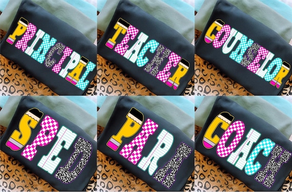 Checkered Neon School Occupation PNG Bundle, Back to School Teacher, Sped, Para, Counselor, Colorful Teacher, Preppy First Day of School Png