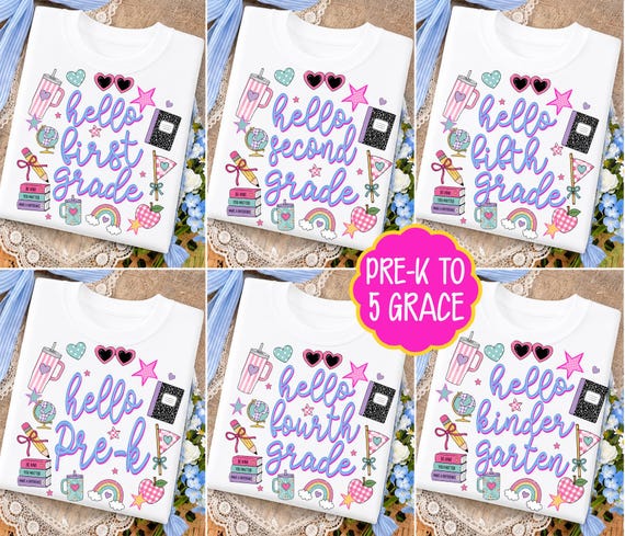 Hello Grade Level PNG Bundle, Pre-k 1st/2nd/3rd/4th/5th Grade, Preppy Back To School Png, School Girl Shirt Design, Teacher PNG Sublimation