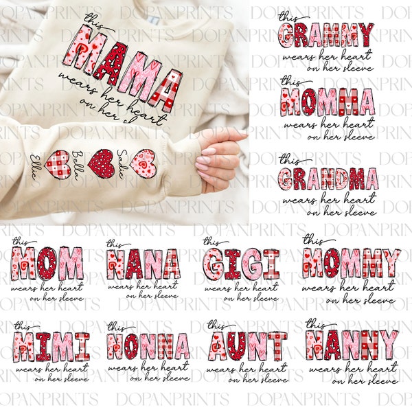 Bundle Custom This Mama Wears Her Herat on Her Sleeve Png, Mama Valentines Png, Kids Valentine Png, Valentine's Day Png, Retro Valentine Png