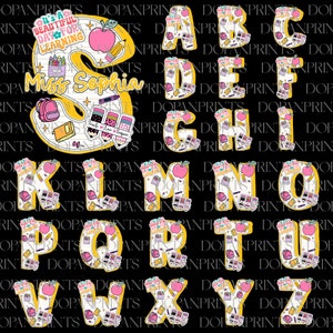 Paquete de regreso a la escuela Alphabet Doodle PNG, camisa personalizada con el nombre del maestro, primer día de clases, agradecimiento al maestro, fuente PNG de sublimación escolar