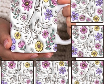 Paquete personalizado hasta 6 niños sosteniendo la mano de mamá Taza con efecto inflado 3D Png, taza floral de mamá de 11 oz, floral del día de la madre, sosteniendo la mano de la abuela