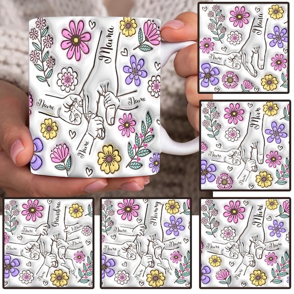 Paquete personalizado hasta 6 niños sosteniendo la mano de mamá Taza con efecto inflado 3D Png, taza floral de mamá de 11 oz, floral del día de la madre, sosteniendo la mano de la abuela
