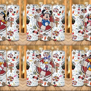 May include: Six different designs of stainless steel tumblers featuring a nautical theme with Mickey Mouse, Donald Duck, and Goofy. Each tumbler has a white background with a red, white, and blue nautical pattern and the word "Name" printed on the side.