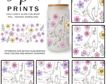Paquete personalizado de vaso Libbey de 16 oz con la mano de mamá (Png), vaso floral de mamá (Png), mano de la abuela, envoltura de vaso floral para el Día de la Madre (16 oz)