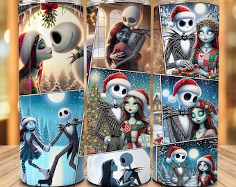 Vaso delgado de 20 oz de Navidad para parejas, gorro de Papá Noel, vacaciones de Navidad, Navidad divertida, envoltura para vaso de 20 oz de Navidad de terror de dibujos animados