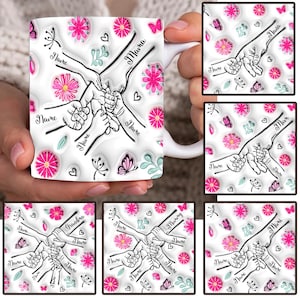 Bundle Personalized Holding Mom‘s Hand 3D Inflated Effect Mug Design, Mama&#39;s Garden Coffee Mug, Mother&#39;s Day Floral Mug, You Hold Our Hands