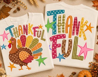 2 Sides Thankful Turkey PNG, Colorful Fall Turkey Design, Preppy Thanksgiving Design, Hand-Drawn Turkey Graphic,Give Thanks Digital Download