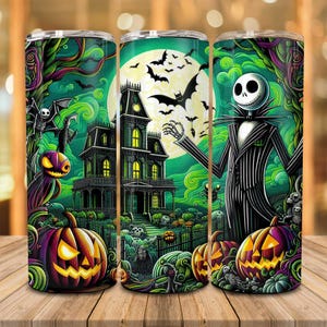 Cartoon Horror Halloween 20oz Skinny Tumbler, Spooky Season, Fall Coffee Tumbler Png, Haunted House Tumbler Wrap Png,Skeletons Bats Pumpkin