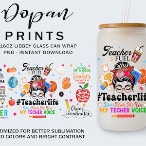 Teacher Fuel 16oz Libbey Glass Can Wrap Design, Enseñar amor inspirar, vaso de apreciación del maestro, Messy Bun Teacher Life 16oz Glass Can Wrap