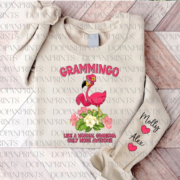 Custom Grammingo Like A Normal Grandma Only More Awesome Png, Grandma With Kids Name On Sleeve, Flamingo Grammingo Png, Grandma Gift Shirt