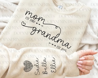 Sudadera personalizada "Mamá y abuela" (año de nacimiento) - Svg, Mamá retro (Svg), Mamá con el nombre del niño en la manga (Svg), Feliz Día de la Madre, Sudadera "Abuela y abuela", Regalo para mamá