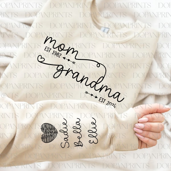 Custom Mom Grandma Est Year Svg, Retro Mama Svg, Mama With Kid Name on Sleeve Svg, Happy Mother's Day, Grandma Est Sweatshirt, Gift For Mom