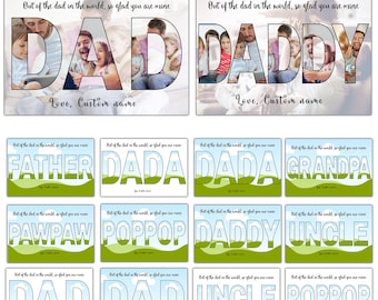 Puede incluir: Una tarjeta digital imprimible con una variedad de diseños que presentan las palabras "Papá", "Papá", "Padre", "Dada", "Abuelo", "Pawpaw", "Poppop", "Tío" y "Papá" en un esquema de color verde y azul. El texto "Out of the dad in the world, so glad you are mine" está incluido en cada tarjeta.