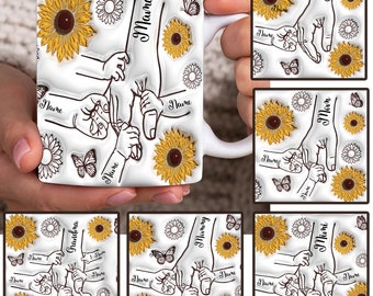 Paquete personalizado de hasta 6 tazas con efecto inflado 3D de la mano de mamá para niños, taza floral para el día de la madre, taza de café con girasol para mamá, diseño en formato PNG