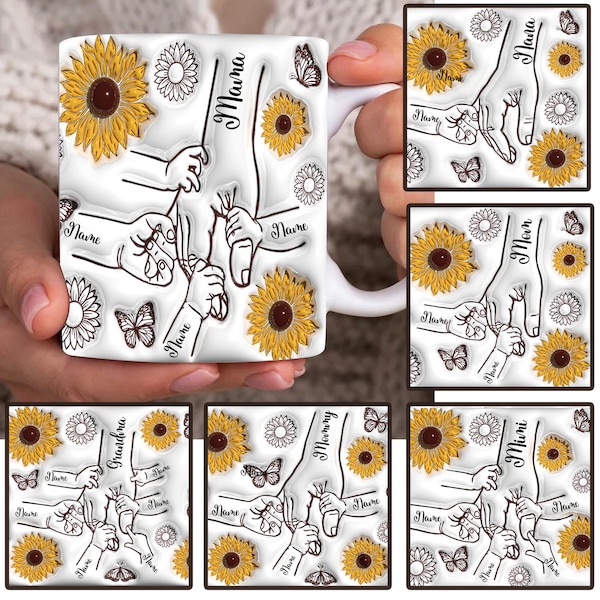 Bundle Personalized Up To 6 Kids Holding Mom‘s Hand 3D Inflated Effect Mug Design, Mother's Day Floral Mug, Mama Sunflower Coffee Mug Png