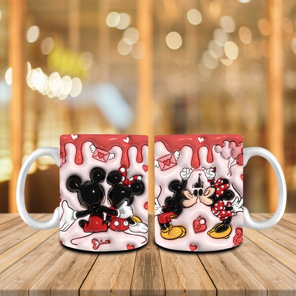 3D Aufgeblasener Cartoon Valentine Kaffee 11 Unzen Becher Wrap Png, Puff Maus Paare Valentine Becher, Happy Valentines Day, Liebe Herz Valentine Becher Wrap