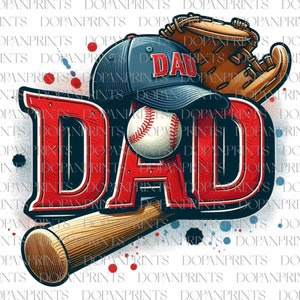 Puede incluir: Gráfico con temática de béisbol con la palabra "DAD" en rojo, con una gorra de béisbol, una pelota, un guante y un bate. La gorra tiene "DAD" en blanco. Acentos rojos y azules completan el diseño.