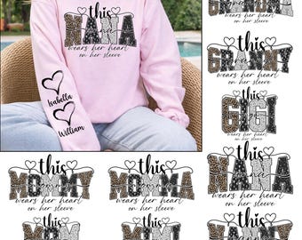 Paquete PNG de "Mamá/Abuela/Nana" con el corazón en la mano, Día de la Madre y San Valentín, sudadera con nombres de niños personalizados y corazón de mamá.