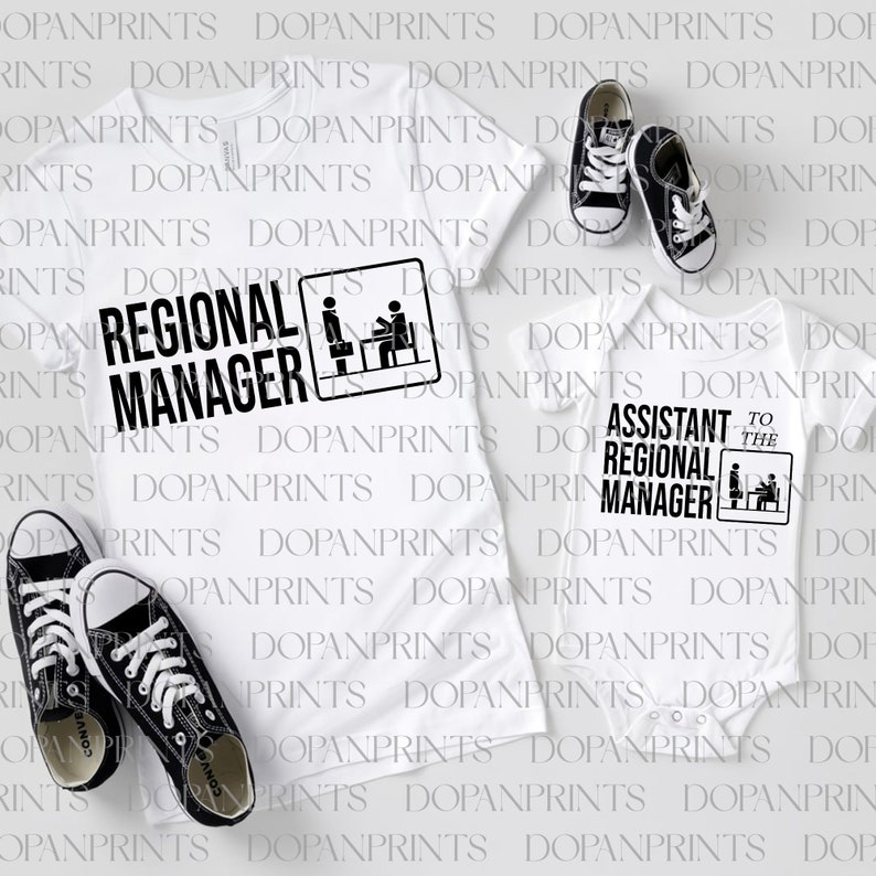 May include: White t-shirt with the text "Regional Manager" and a black and white graphic of a desk with two people sitting at it. A white onesie with the text "Assistant to the Regional Manager" and a black and white graphic of a desk with two people sitting at it. Two black and white sneakers.
