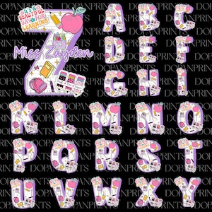 Paquete de regreso a la escuela Alphabet Doodle PNG, camisa personalizada con el nombre del maestro, primer día de clases, agradecimiento al maestro, fuente PNG de sublimación escolar