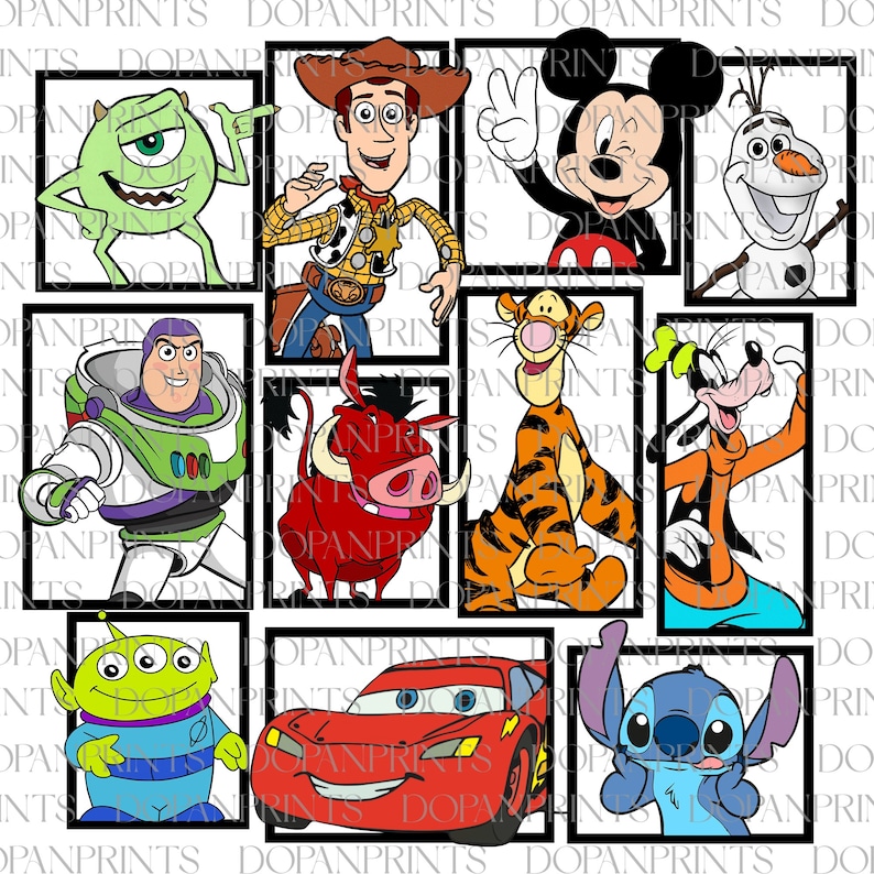 May include: A collage of nine cartoon characters from popular Disney movies. The characters include Mickey Mouse, Woody, Buzz Lightyear, Stitch,  Sulley,  Lightning McQueen,  Goofy,  Tigger, and Olaf.