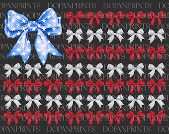 Coquette 4th of July Png, Coquette American Flag Png, American Coquette Bow Png, Fourth of July, Red White And Blue Bows, Independence Day