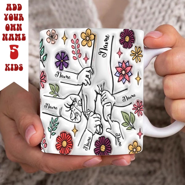 Diseño de taza con efecto inflado 3D personalizado con la mano de mamá, taza de mano floral para el día de la madre y 5 niños, taza de café con la mano de mamá