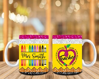 Personalized Teacher 11oz Mug Wrap Png, Pink Teach Love Inspire, Faux Glitter Teacher Coffee 11oz Mug, Teacher Heart Pencil 11oz Mug Wrap